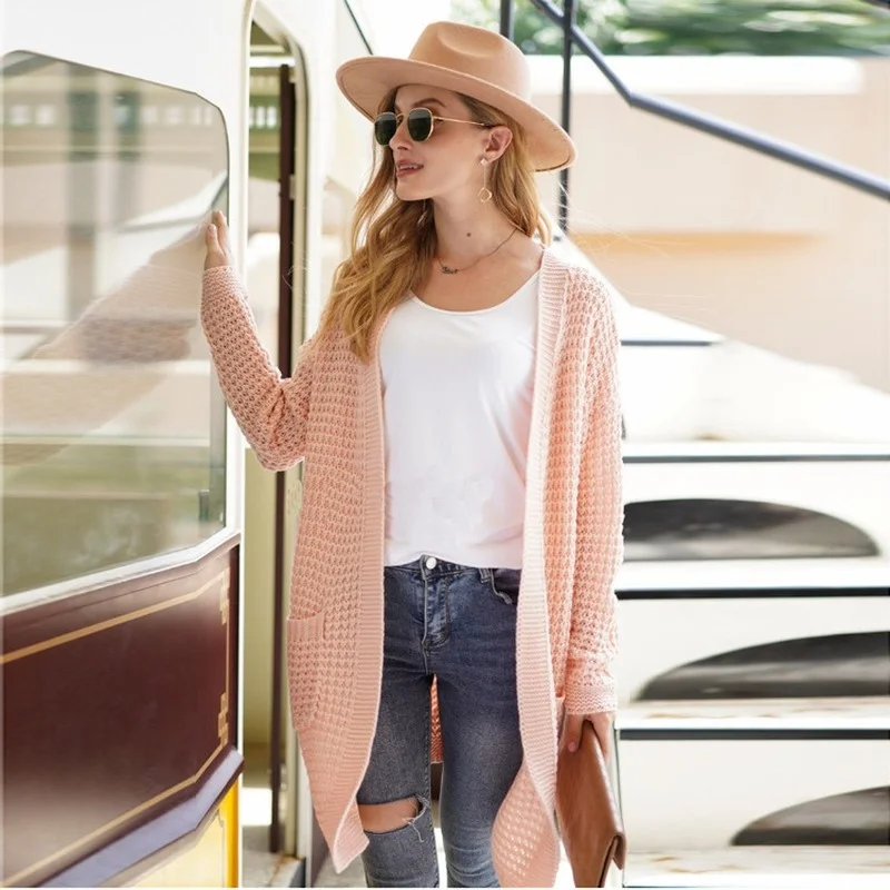 

Women's Pink Knit Cardigan Plus Size Long Casual Sweater Jacket Fall Fashion Green Pocket Harajuku Vintage Cardigan Office Lady
