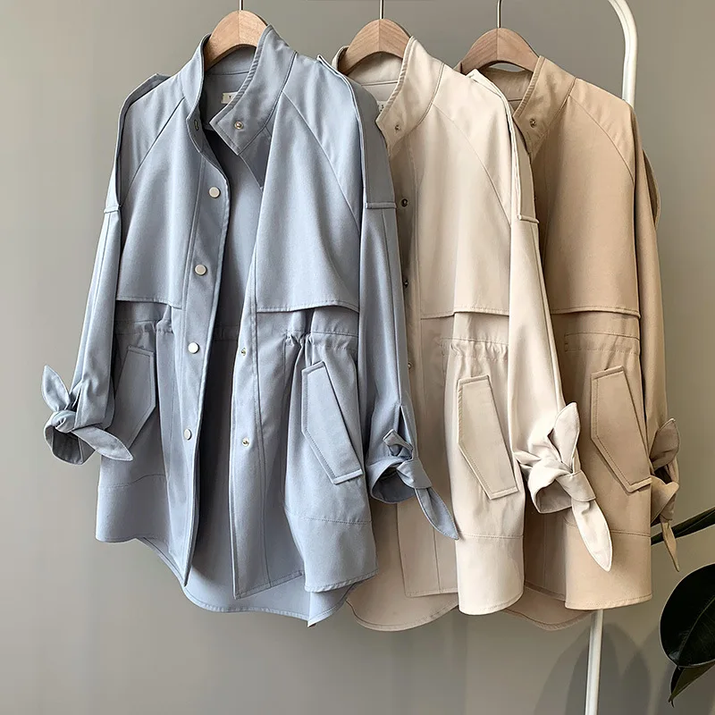 

2019 Autumn Trench Coat for Women Streetwear Polyester Mandarin Collar Single Breasted Casaco Feminino with Pocket