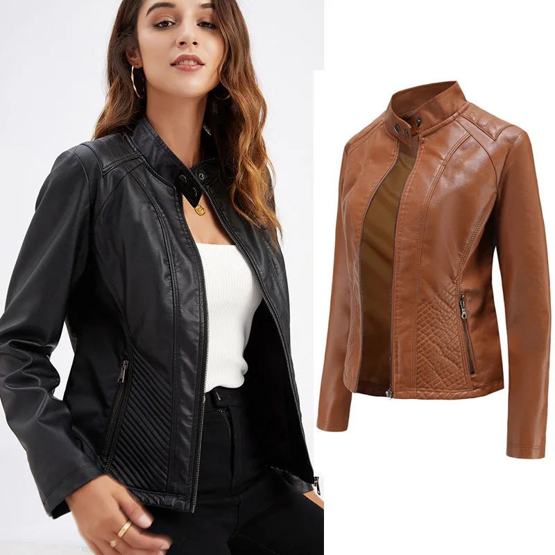 Женская короткая куртка из искусственной кожи повседневная приталенная с