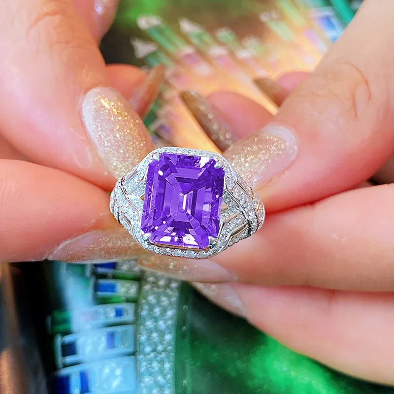 

2021 Silver New Fashion Simulation Deep Purple Zircon Amethyst Princess Square Full Diamond Opening Ring For Women Fine Jewelry