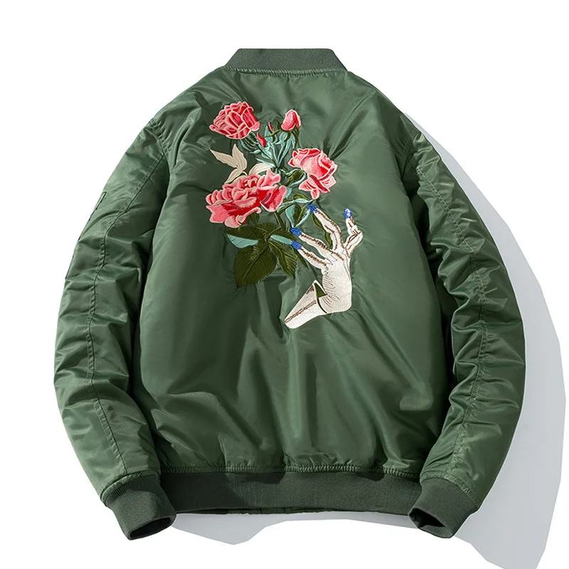 

Autumn Winter Men's Baseball Rose Embroidered Cotton Jacket Thick Cotton Coat