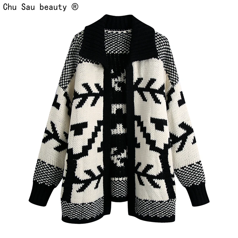 

Autumn Winter 2021 New Fashion Vintage Casual Jacquard Turn Down Collar Open Stitch Loose Sweater Knitted Cardigan Women