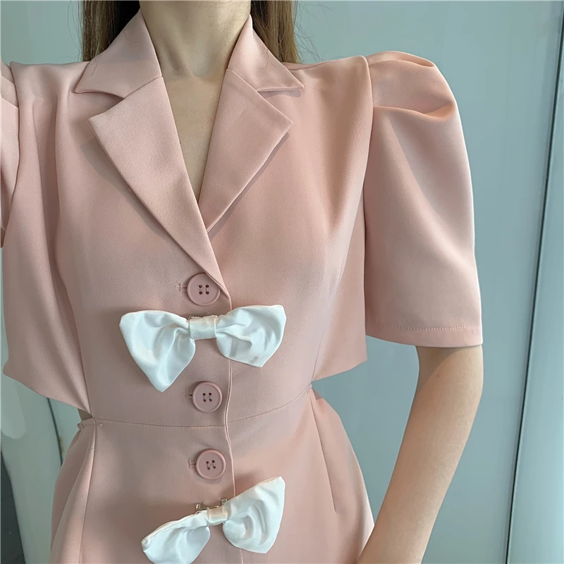 

Office Lady Summer New Fashion Short Sleeve Single Breasted Mini Dress Women Temperament Bow Sexy Back Waist Hollow Out Dresses