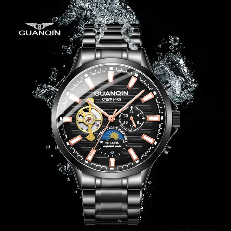 

Business Watch Men Automatic Luminous Clock Wathces Men 2021 Tourbillon Stainless Steel Strap Moon Phase Waterproof montre homme