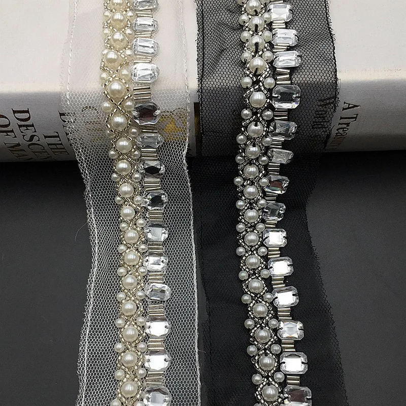 

Кружевная отделка, 2 ярда, цвет белый, черный, наряд с жемчужной отделкой бисером дюйма, 4 см, с кристаллами, для украшения ленты, повязки на голову, пояса, свадьбы