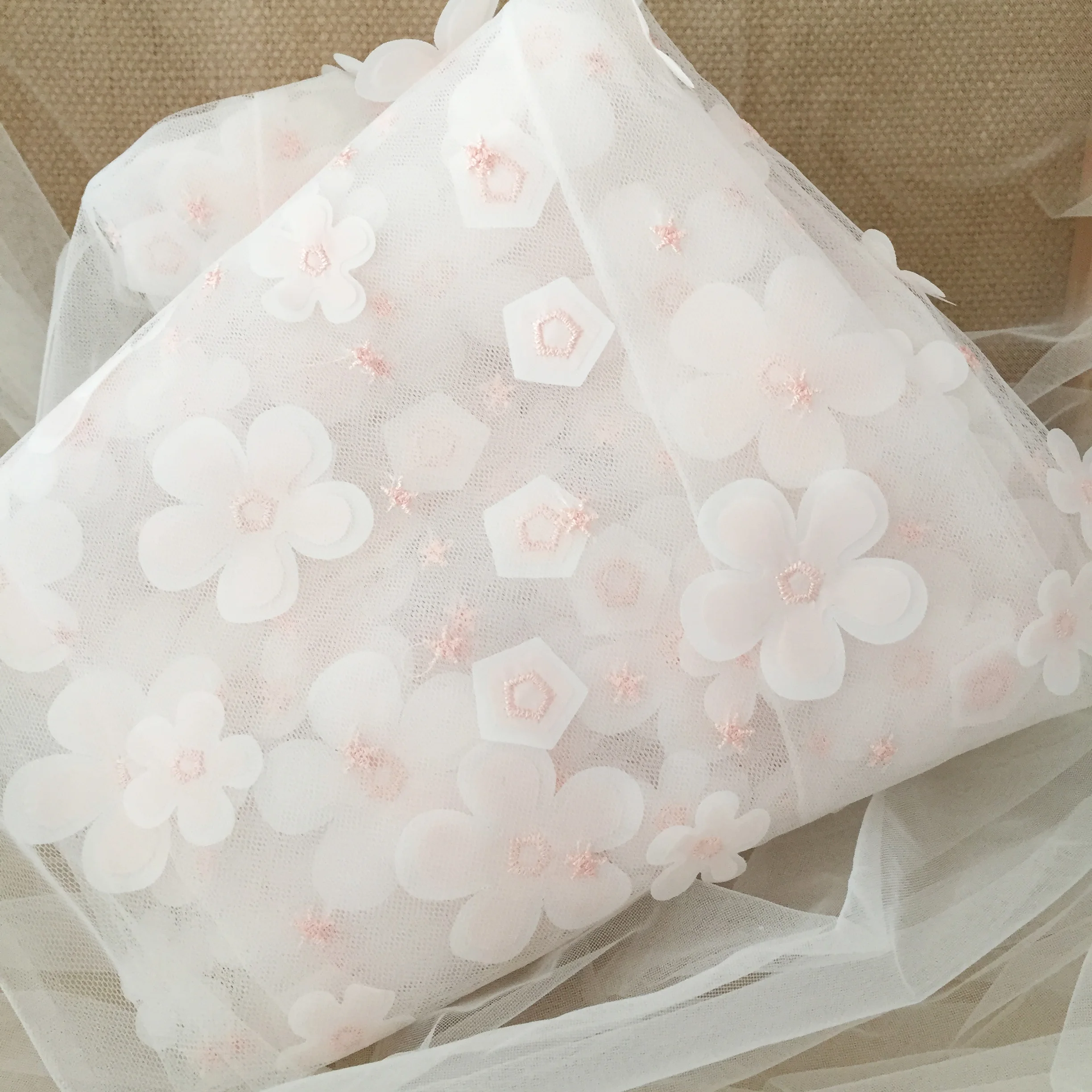 

2 Yards 3D Full Daisy Blossom Flower Tulle Lace Fabric in Pink White , Soft Tulle Wedding Gown Bridal Dress Prom Dress Fabric