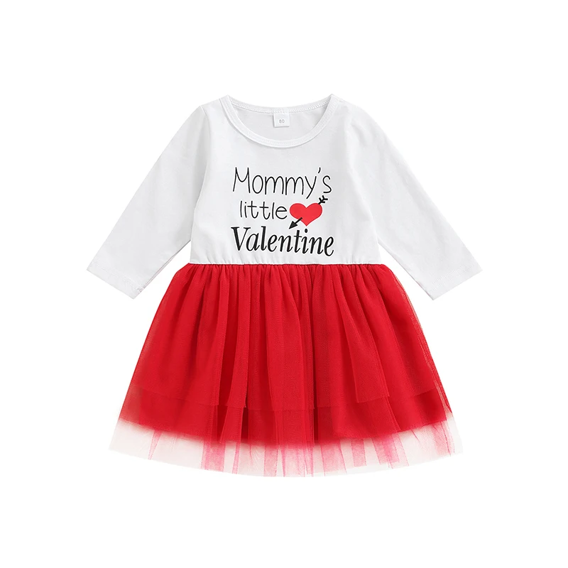 

Girls' Casual Dress Valentine's Day Love Letter Printing Long-sleeved Round Neck Stitching Mesh Design Dress Children's Clothing