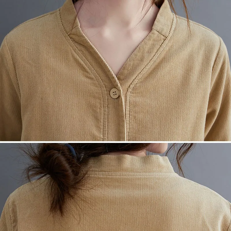 

Women Autumn Corduroy Vintage Jackets New 2020 Simple Style Solid Color V-neck Female Long Sleeve Loose Casual Coats S1673