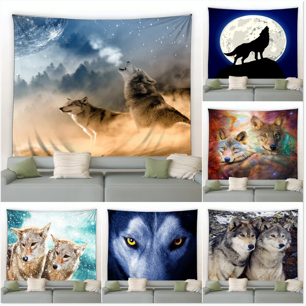 

Animals Wolf Tapestry Starry Sky Moon Background Psychedelic Wall Hanging Tapestries Hippie Sheets Beach Bedroom Decor Blanket