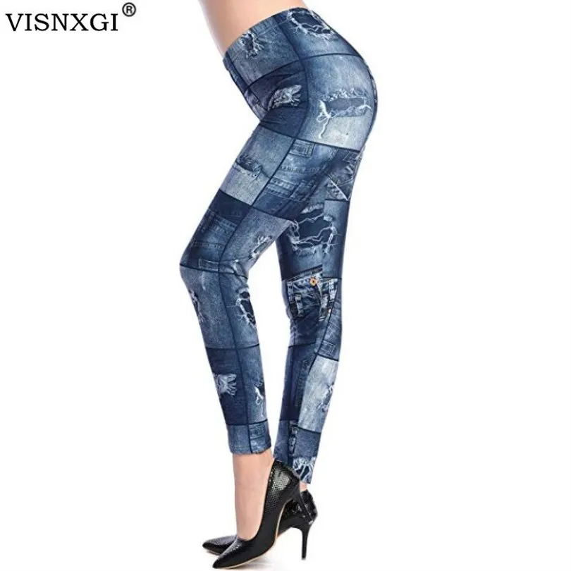Женские осенние леггинсы с принтом VISNXGI облегающие джинсы ложным карманом и