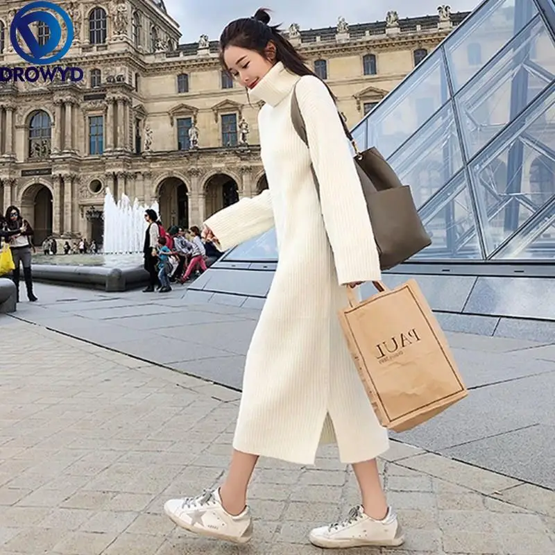 

Casual Sweater Dress Women Clothing Turtleneck Long Knitted Dresses Female Streetwear Warm Sweater Solid Color Stretch Pullover
