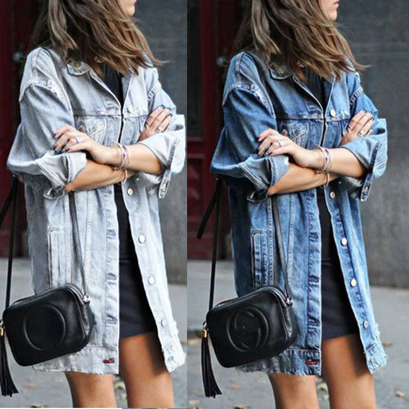 

Denim Coat Women's Fashion Pocket Stitching Cardigan Coat Autumn Casual Long Sleeve Single-Breasted Turn-down Collar Ripped Coat