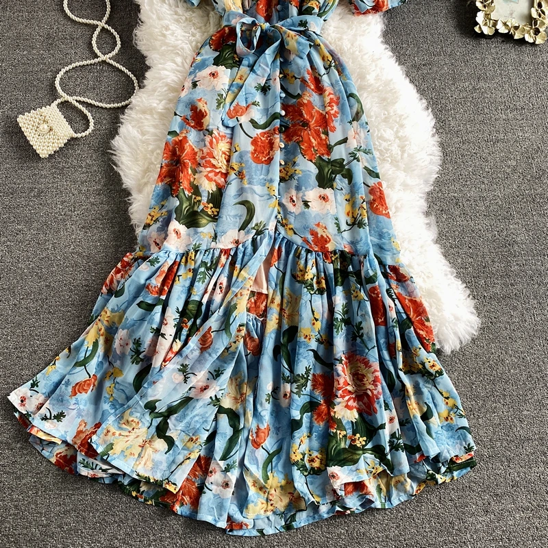 

Boho Chic Vacation Beach Floral Printed Long Dress Women Sexy V-Neck Short Sleeve High Waist Ruffle Hem Vestidos Spring Summer