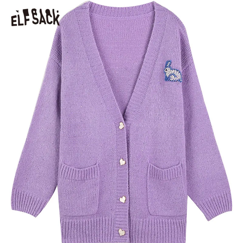 

ELFSACK Solid Pure Chic Single Breasted Knit Casual Women Cardigan 2021 Spring ELF Vintage Bead Embroidery Girly Daily Soft Top