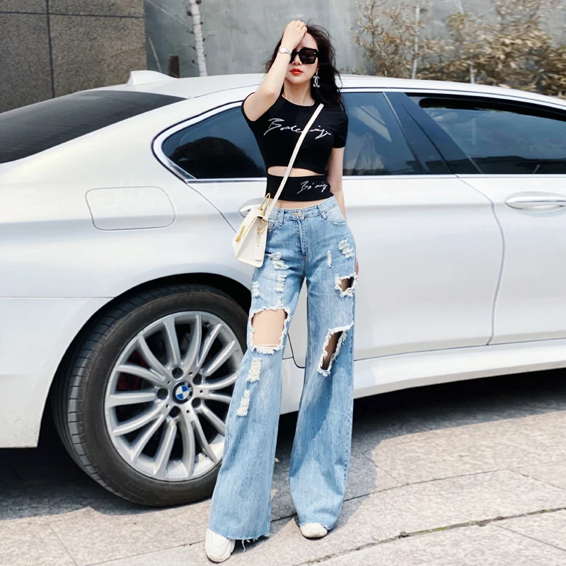 summer wear high waist and wide leg jeans with holes for women