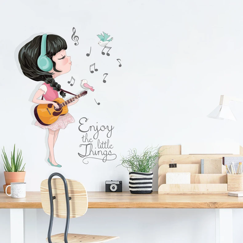 

Beautiful guitar girl Music Sticker 3d Kids Room Decoration Kawaii Baby Girls Bedroom Decor wall stickers Child