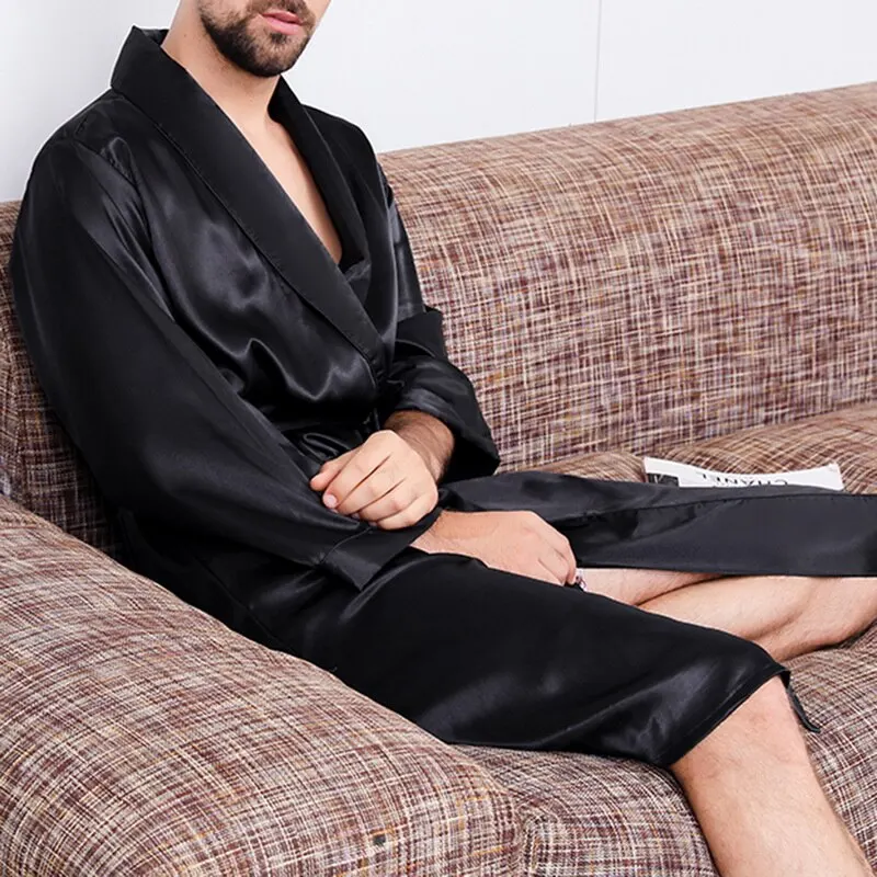 

Men Black Lounge Sleepwear Silk Nightwear For Men Comfort Silky Bathrobes Noble Dressing gown Men's Sleep Robes