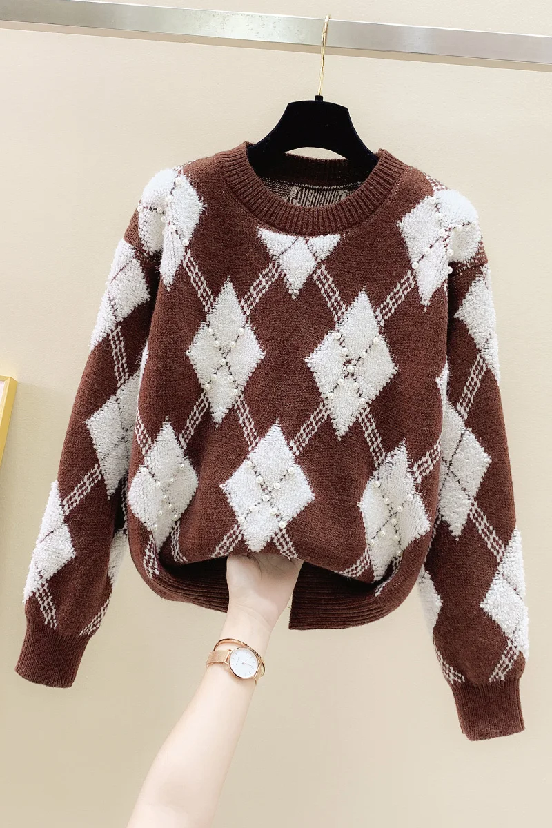 

Winter Women's Long-sleeved Printed Diamond Stitching Sweaters Korean Solid Color Low Round Neck Pullovers Beading Sweater Tops