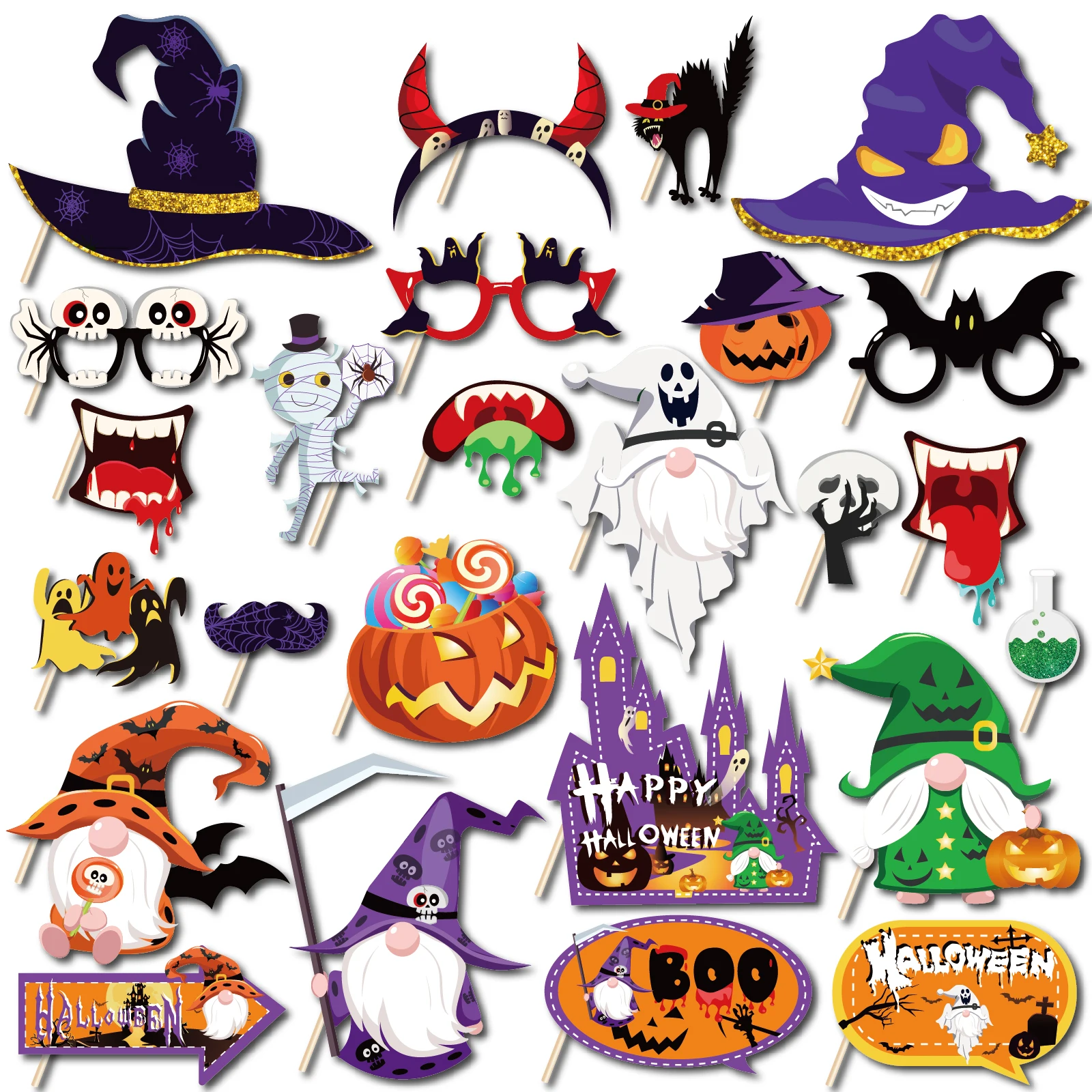 

25pcs/set Cartoon Cool Witch Ghost Bat Happy Halloween Party Photobooth Props Funny Halloween Festivals Party Decorations