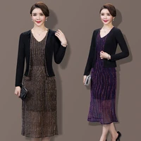 2 pieces fashion free shipping spring autumn dress women work wear set suits black color plus size medium old age clothes