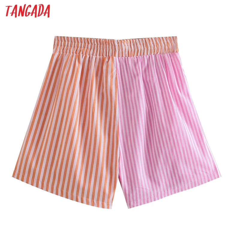 

Tangada Women Vintage Pink Striped Shorts Strethy Waist Pockets Female Retro Casual Shorts Pantalones QJ157