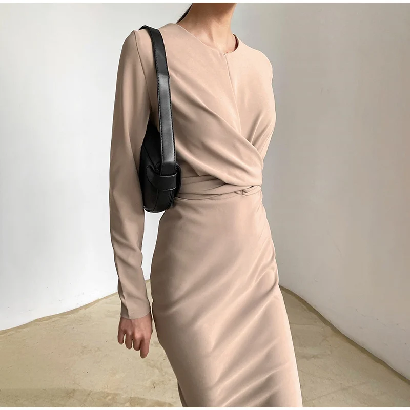 

Осенние элегантные облегающие платья, женские однотонные вечерние платья средней длины с длинным рукавом и высокой талией, женские весенни...