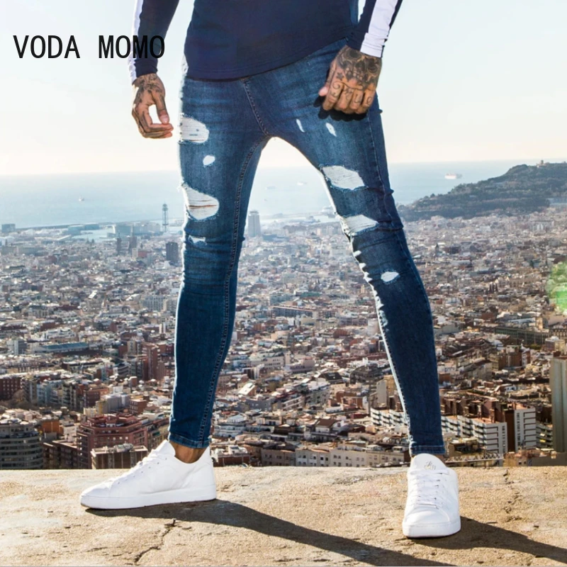 Джинсы для мужчин на пуговицах шорты с дырками Стрейчевые зауженные брюки из