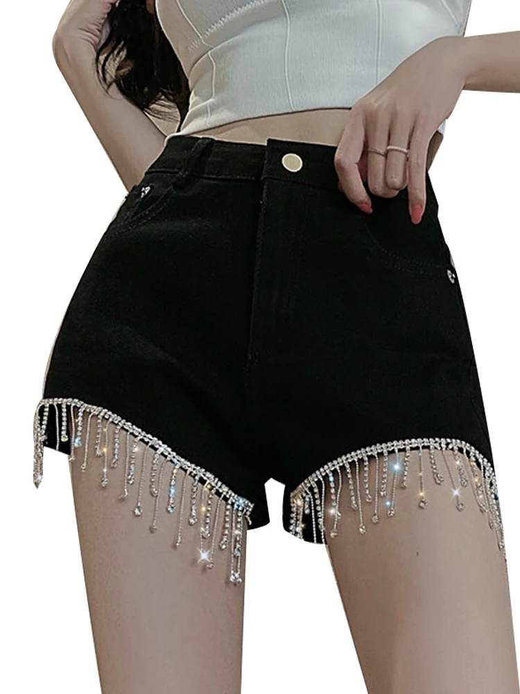 

European Summer New Black Slim High Heavy Duty Tassel Nail Drill High Waist Denim Shorts Women Fashion Streetwear 2021