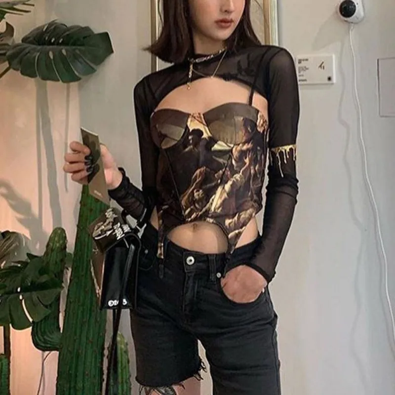 

Summer Women Bustiers Vintage Fish Bone Oil Painting Sexy Self-Cultivation Type Retro Fish Bone Oil Painting Print Sling Bra