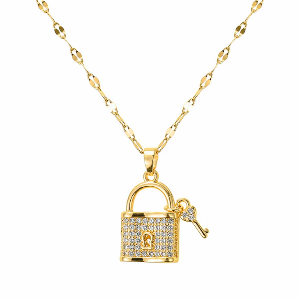 

316L Stainless Steel Lip Chain Full Zircon Crystal Lock Key Heart Necklace Acero Inoxidable Joyeria Mujer