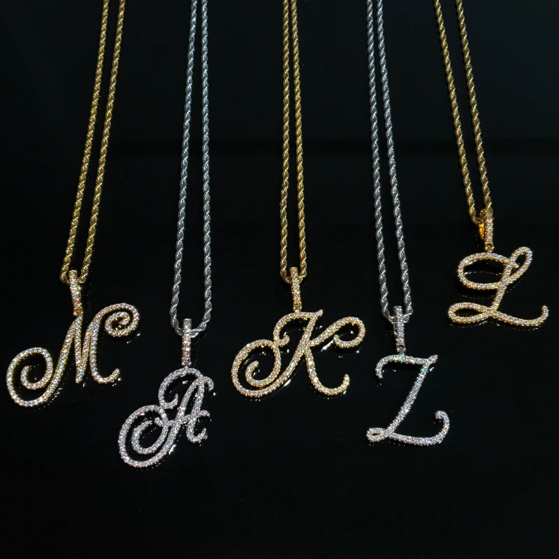 

A-Z Single Letters Zirconia Artistic Initial Letters Pendant Script Font Letters Necklace Hip Hop Jewelry