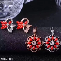 kjjeaxcmy fine jewelry 925 sterling silver inlaid natural red coral female ring pendant set trendy support detection