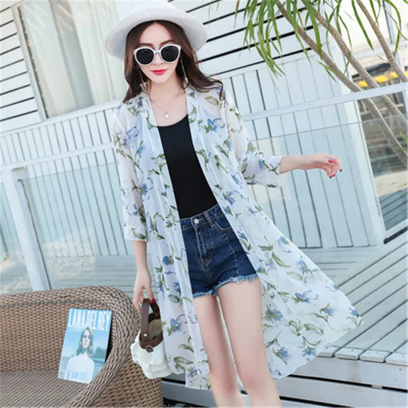 Summer 2022 Casual 3/4 Sleeve Floral Print Cardigan Chiffon Thin Sunscreen Coat Women Mid-length Beach Sun Protection Shirts | Женская