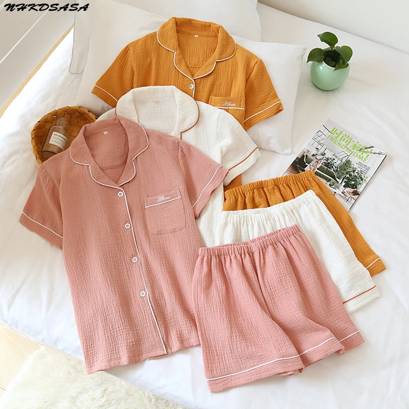 

NHKDSASA Shorts Sets Pajamas Suit Women Summer Couple Cotton Crepe Ladies Solid Simple Short-Sleeved Shirt Men's Home Service