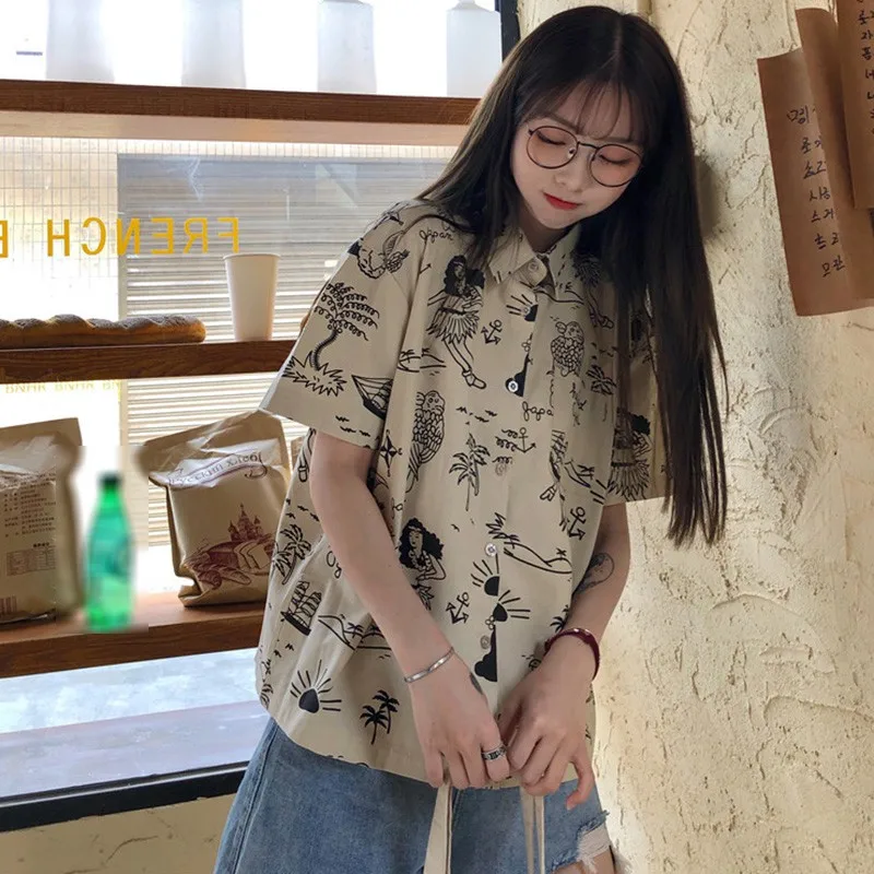 

Retro Style Cartoon Print Shirt Sweet Wild Short Sleeve Women Blouses Fashion Casual Turn-down Collar Top Apricot