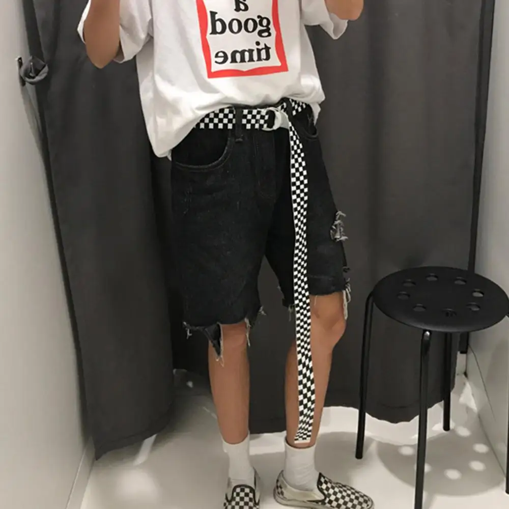 

2020 New Fashion Punk Checkered Belt Waistband Long Black and White Plaid Checkerboard Couple Checkered Canvas Women Belts