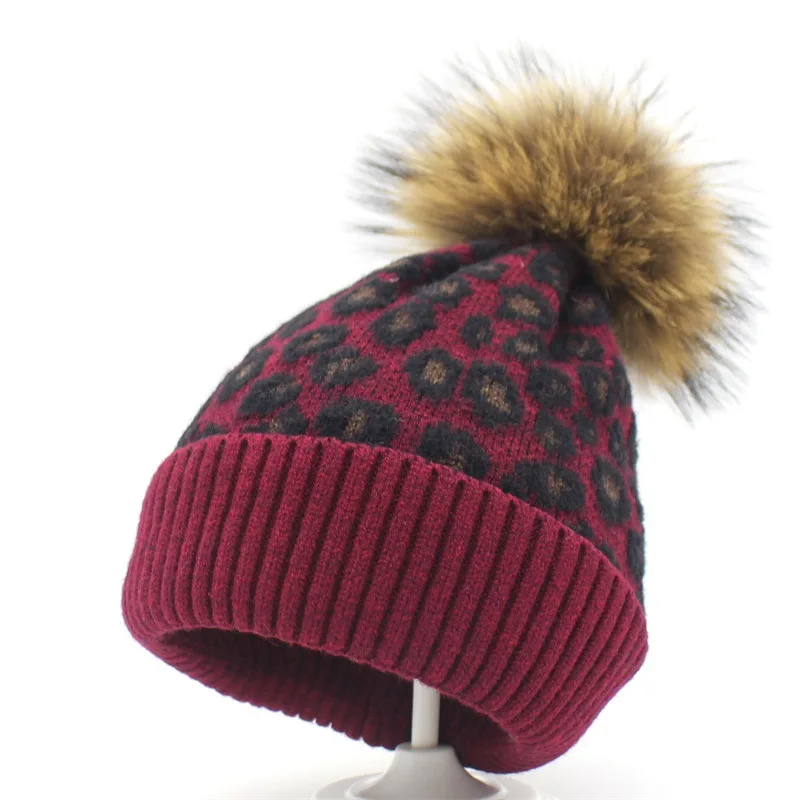 

Parent-child Hat Leopard-print Knitted Woolen Hat Raccoon Fur Ball Hat Outdoor Warmth Thickening and Velvet Pullover Hat