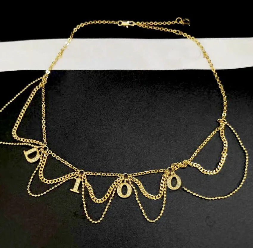 

Fashion Brand Jewelry Necklace Women Gold Color Copper Letter Charm Choker Necklaces Tassel Chain Retro Accessories Party Gift