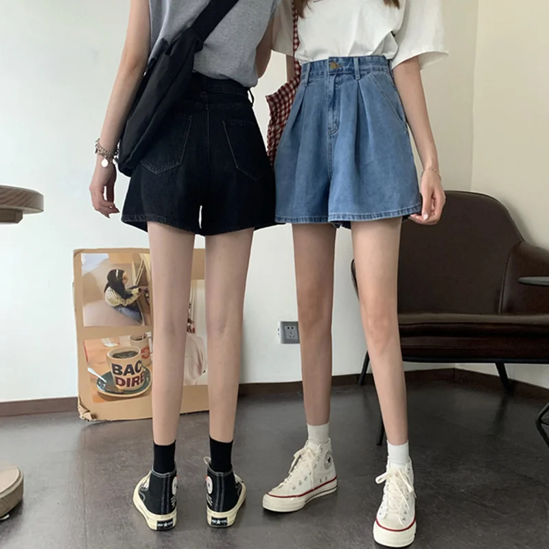 

Korean Style All-Matching Denim Shorts Women 2021new Spring Ins Student Cropped Pants Solid Color A- line Wide-Leg Hot Pants