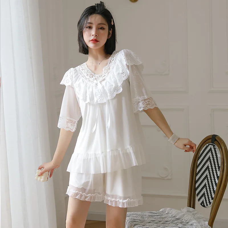 New palace lace pajamas summer fairy suit lace short sleeve shorts mesh nightwear housewear Female sleepwear lounge wear