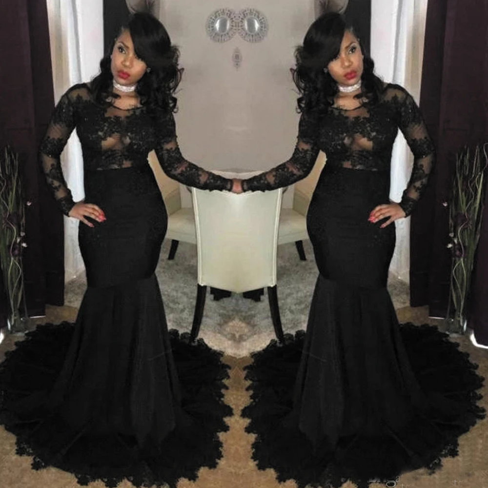 

SuperKimJo Modest Black Evening Dresses Long Sleeve Lace Applique Mermaid Elegant Cheap Formal Dresses Robe De Bal Femme Longue