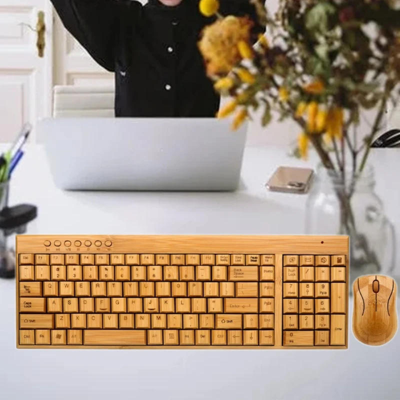 

Bamboo Keyboard Mouse Wireless Combo Set For Laptop PC Office USB Plug and Play