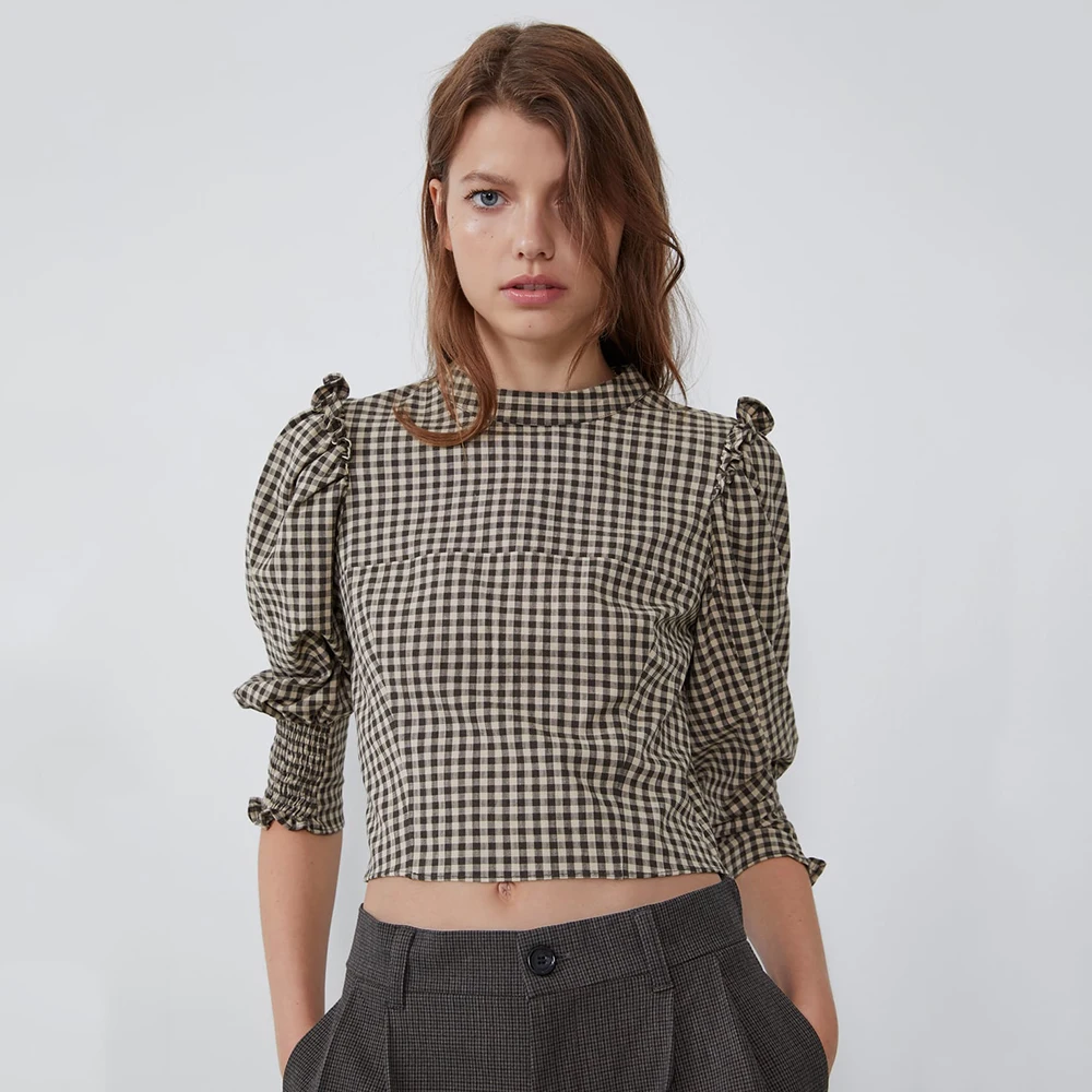 Трендовая клетчатая короткая блузка ZA для женщин 2019 пушистые эластичные рукава с