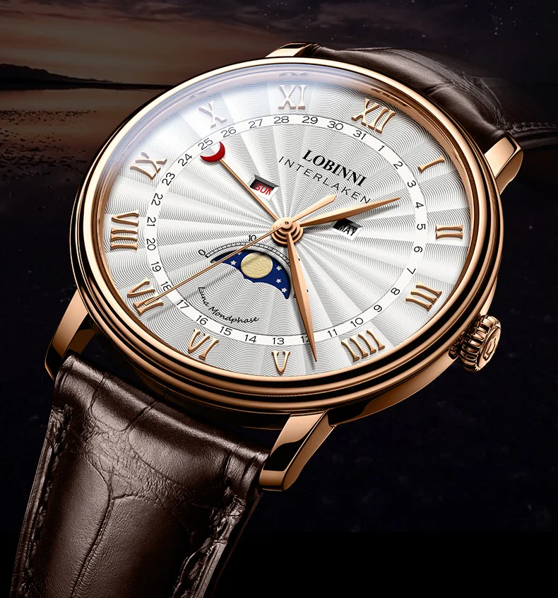 LOBINNI Роскошные Брендовые мужские часы сапфир водонепроницаемый Moon Phase кварцевые часы мужские кожаные reloj hombre календарь horloges mannen