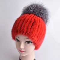 Hand Knitted Women Real Mink Fur Bomber Hat Top Fox Fur Hats Luxury Natural Warm Fur Cap Lady Quality Elastic Real Mink Fur Caps
