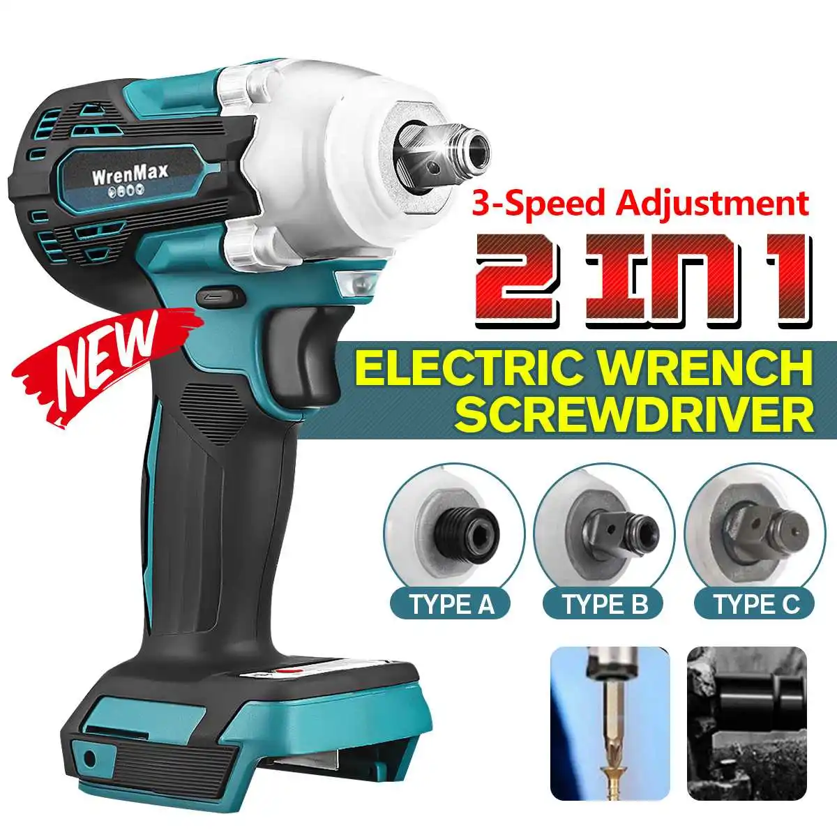 

New 800N.m.Cordless Electric Impact Wrench Motor 1/2" Square Brushless Rechargeable Wrench LED Light for 18V Makit Battery