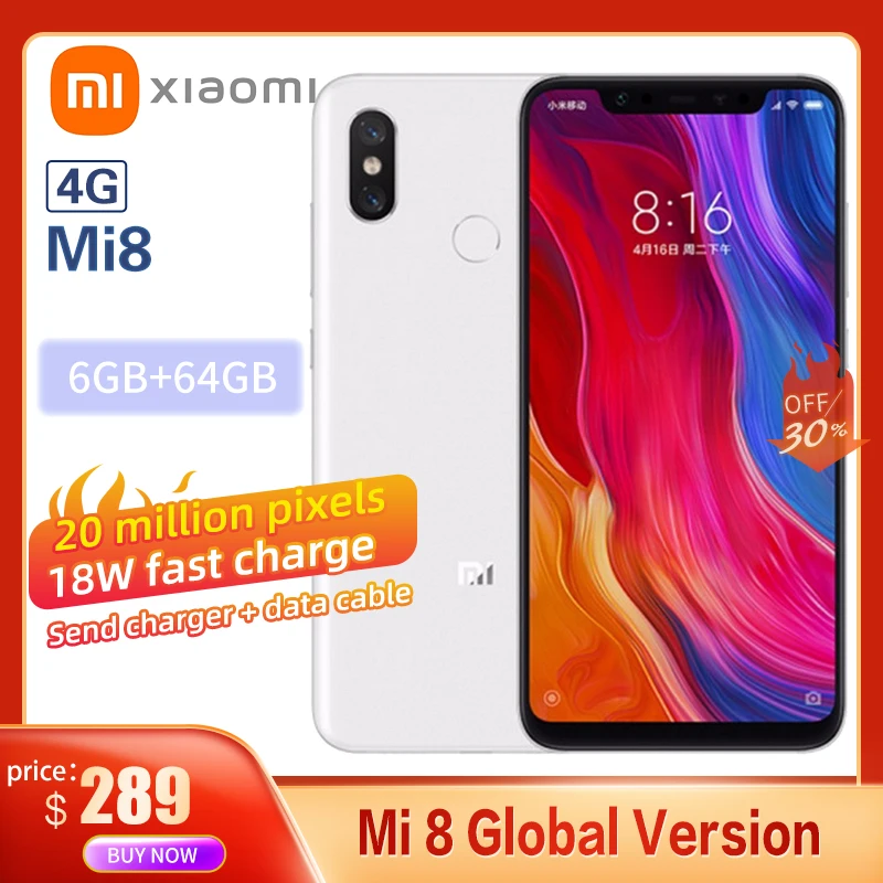 Original Global Version XiaoMi Smartphone Mi 8 6GB RAM 64GB ROM Snapdragon 845 6.21 ThreeCamera 12MP+20MP 3400mAh Face Unlock