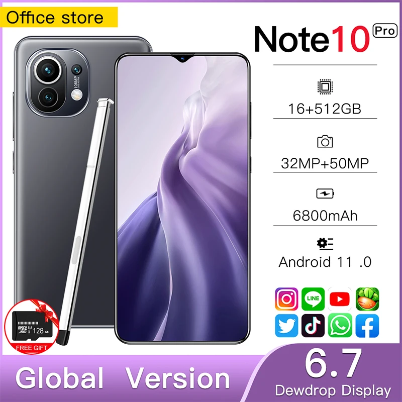 

2021 Global Version Note10 Pro 6.7 Inch Smartphone 16G+512G 6800mAh Battery Full Screen Phone Android Celular 5G Mobilephone