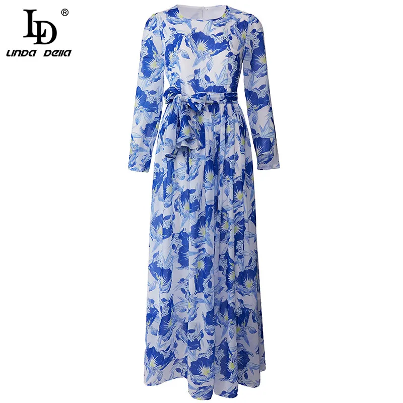 

LD LINDA DELLA Spring Runway Elegant Holiday Dresses Women Full sleeve Belt Blue Floral Print Female Fashion Long Party Dress