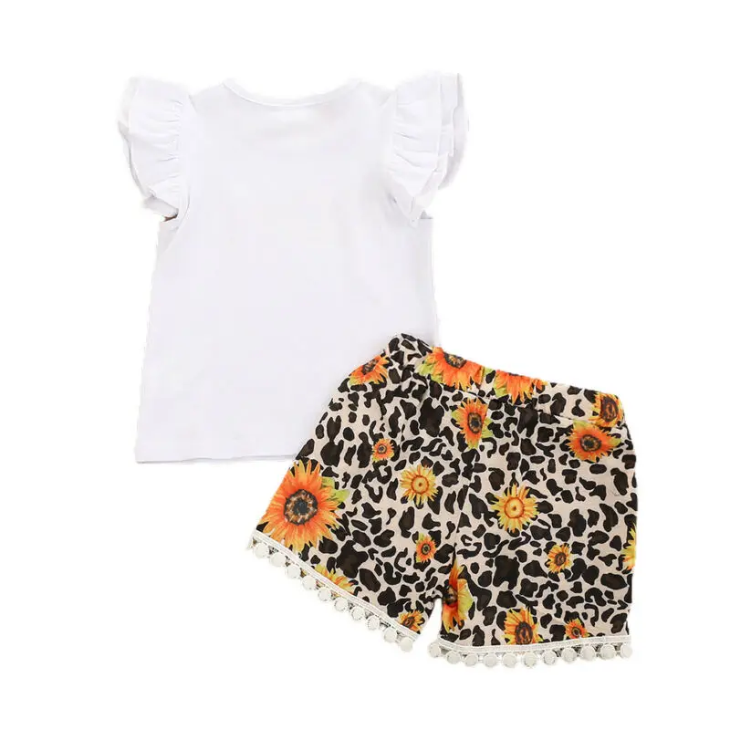 

Kids Girls Short Sleeve Suit Summer Fashion Lace Cuffs Letter Print T-shirt Sunflower Flower Floral Shorts Casual Two Piece Set